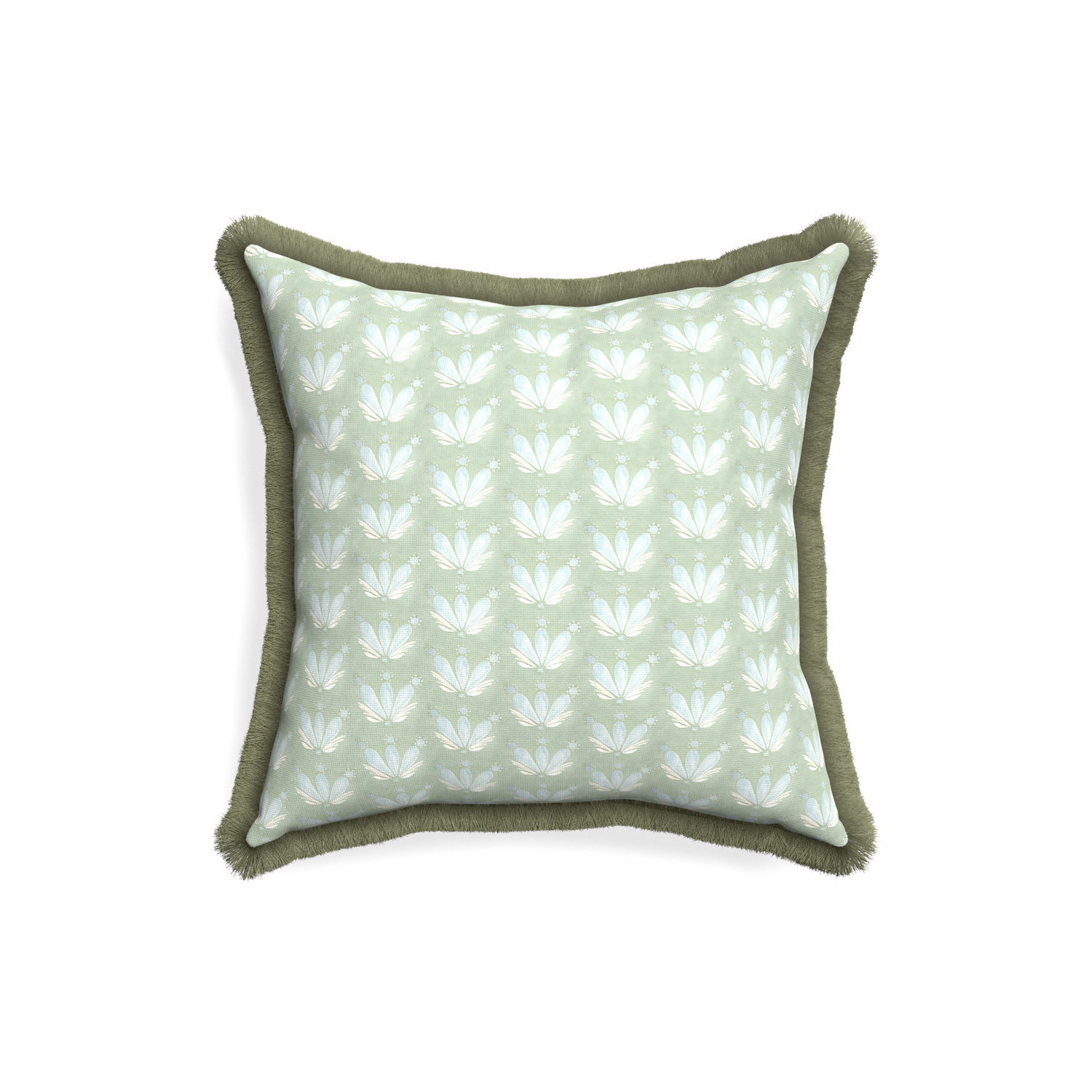 18-square serena sea salt custom pillow with sage fringe on white background