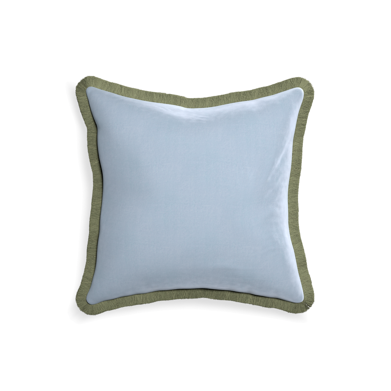 18-square sky velvet custom pillow with sage fringe on white background