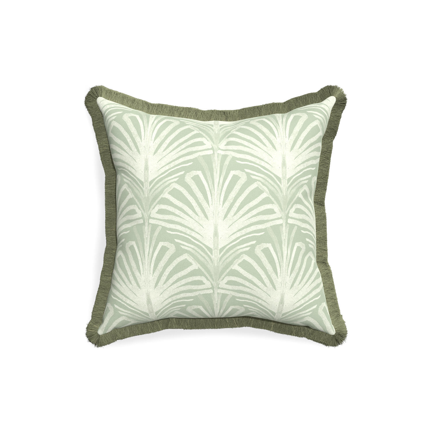 18-square suzy sage custom pillow with sage fringe on white background