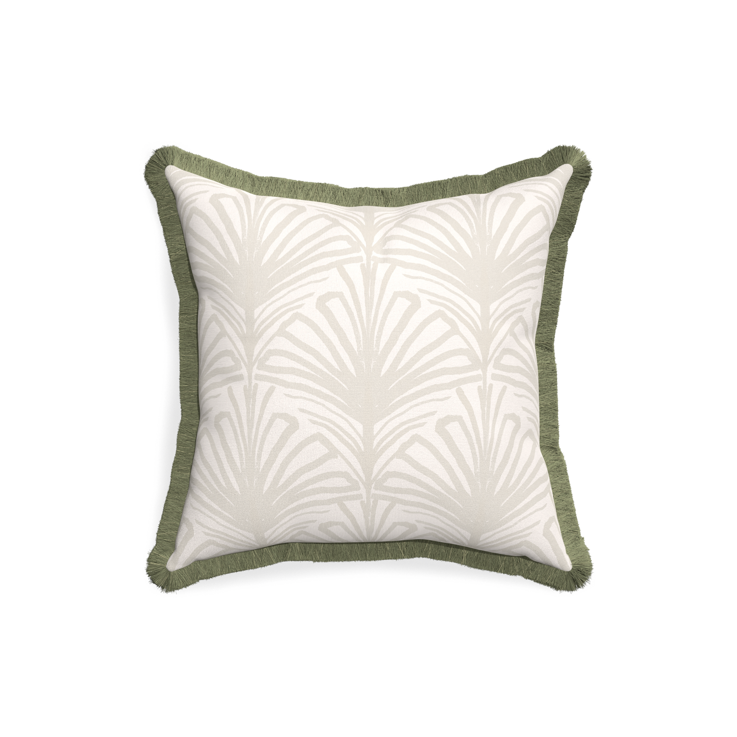 18-square suzy sand custom pillow with sage fringe on white background