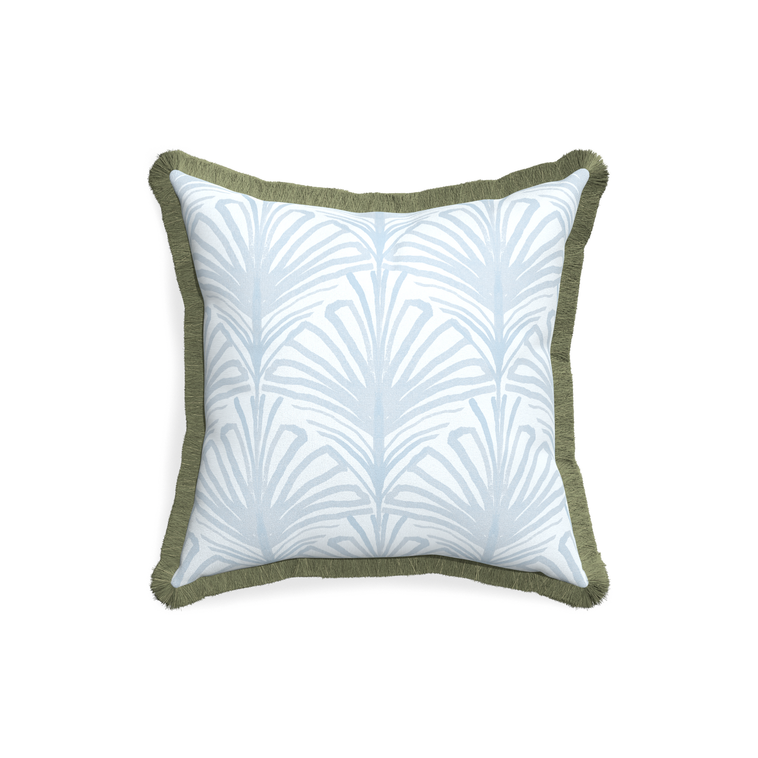 18-square suzy sky custom pillow with sage fringe on white background
