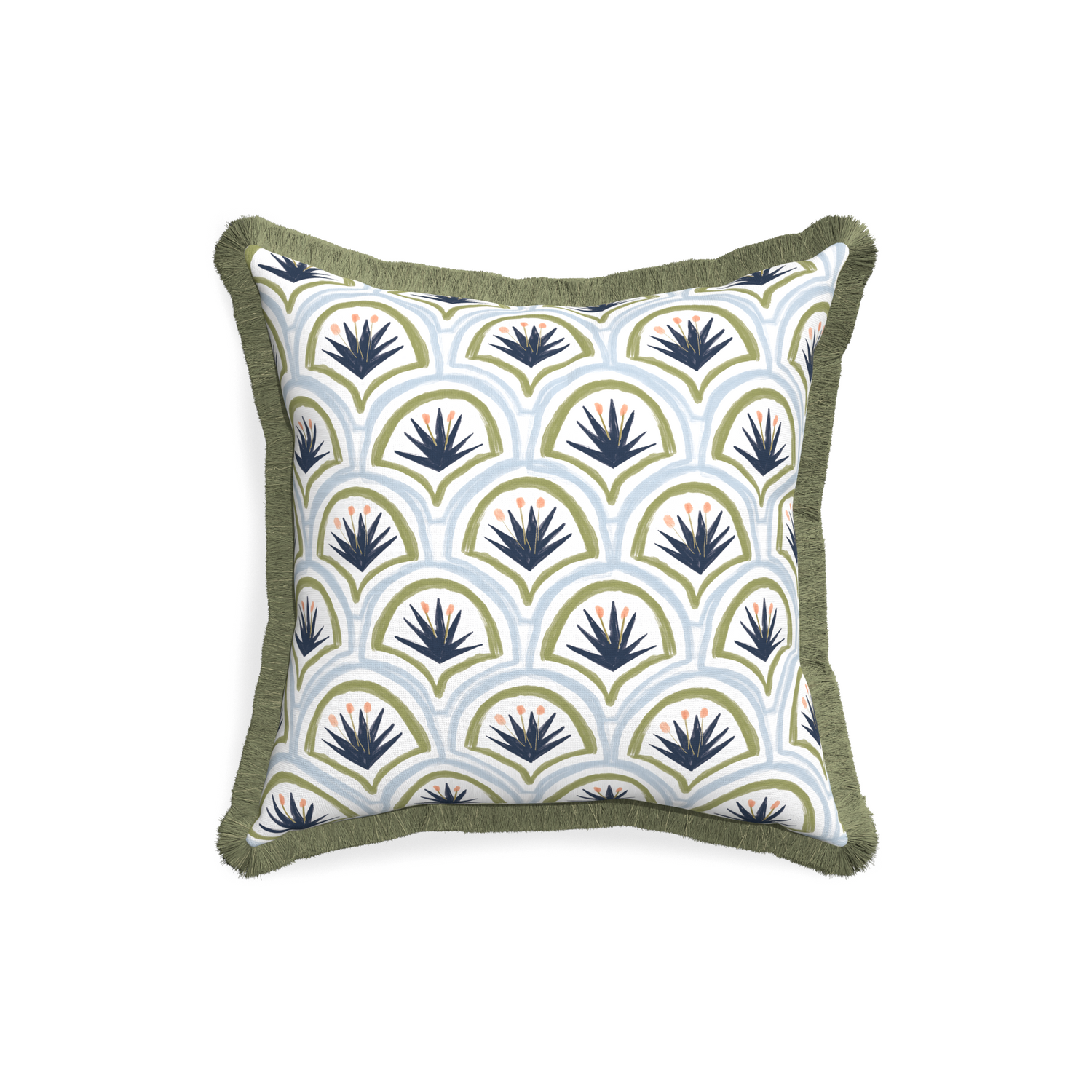 18-square thatcher midnight custom art deco palm patternpillow with sage fringe on white background