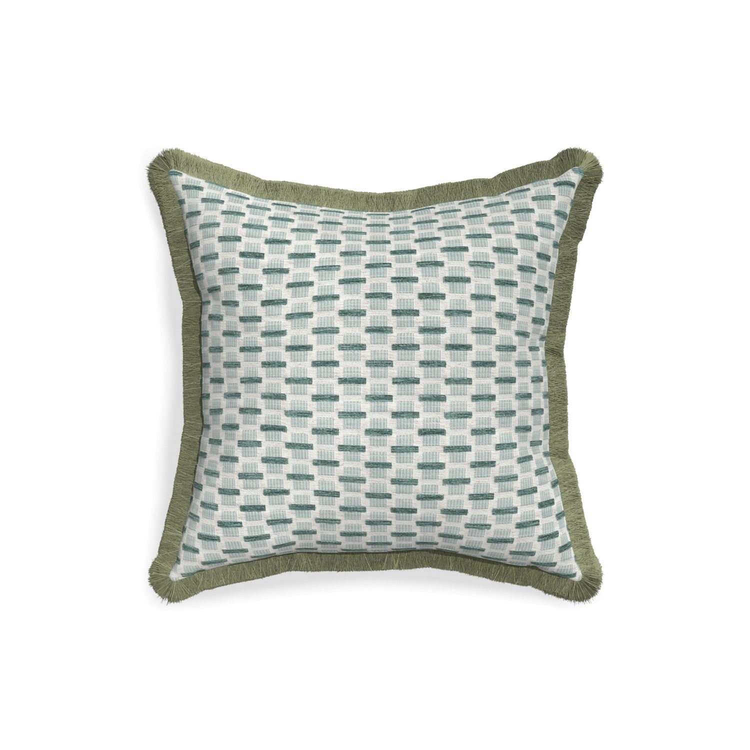18-square willow mint custom green geometric chenillepillow with sage fringe on white background