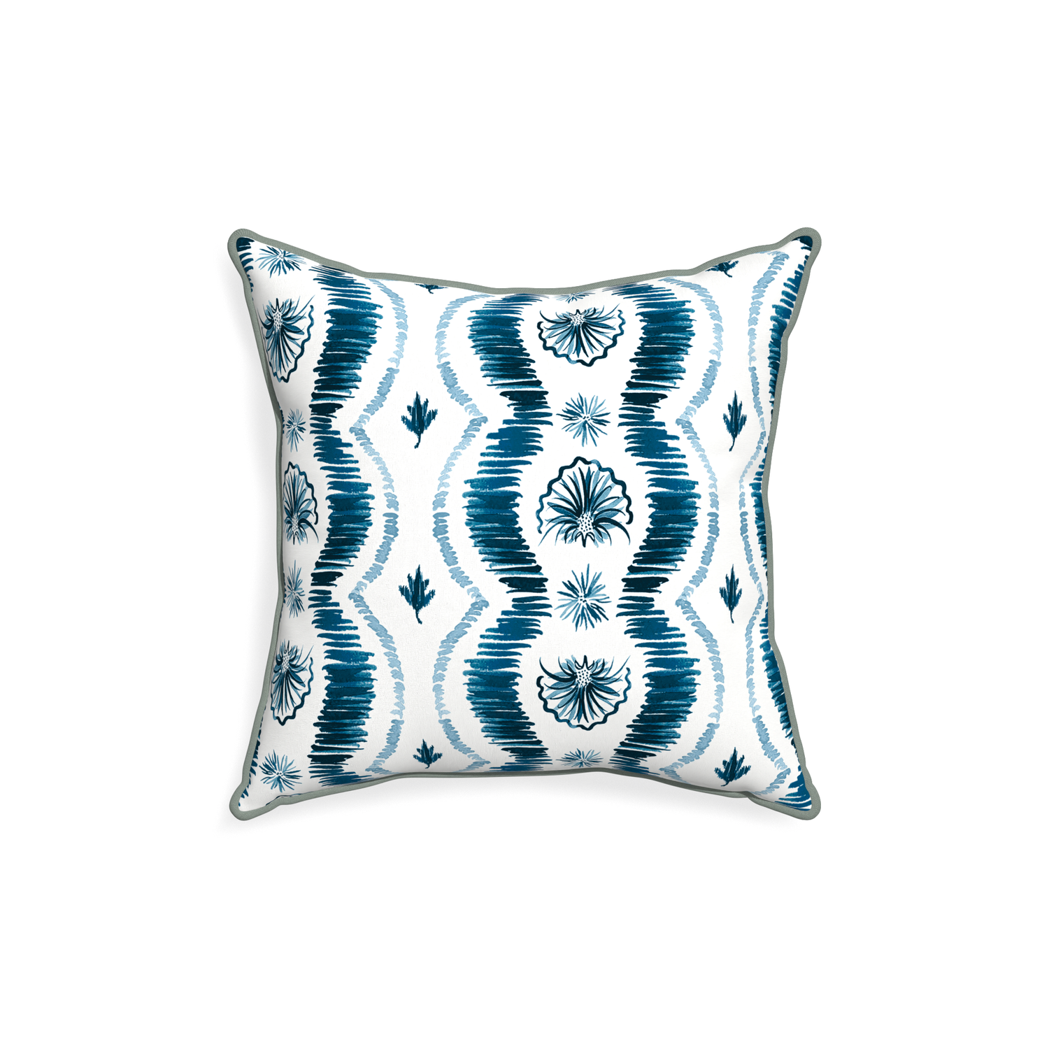 18-square alice custom blue ikatpillow with sage piping on white background