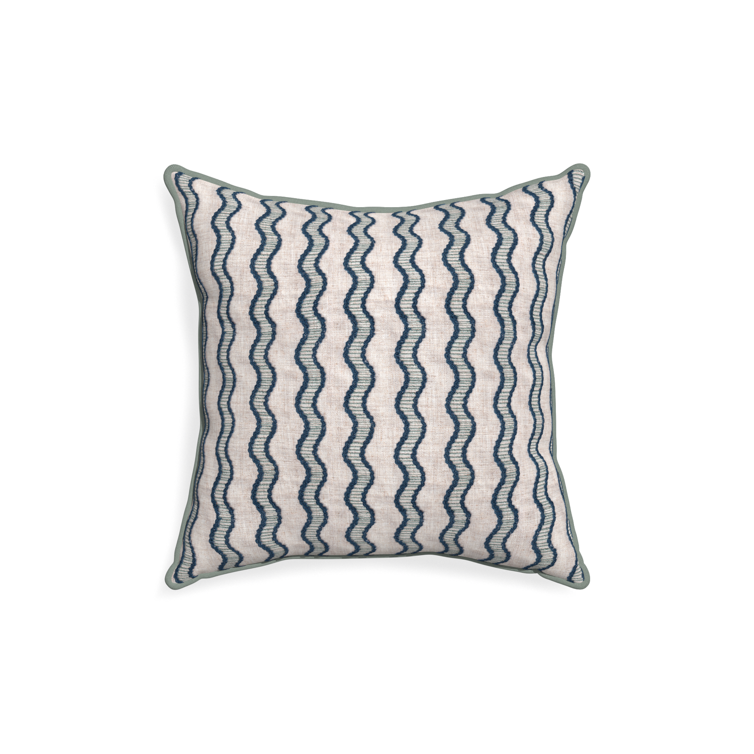 18-square beatrice custom embroidered wavepillow with sage piping on white background