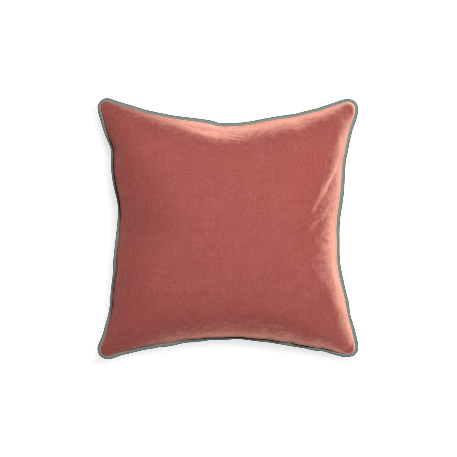 18-square cosmo velvet custom coralpillow with sage piping on white background