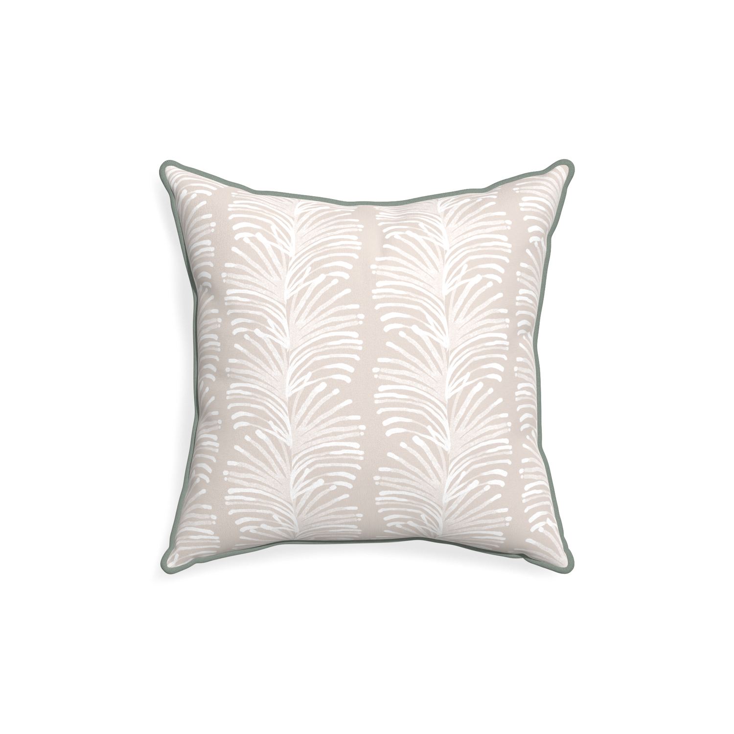 18-square emma sand custom sand colored botanical stripepillow with sage piping on white background