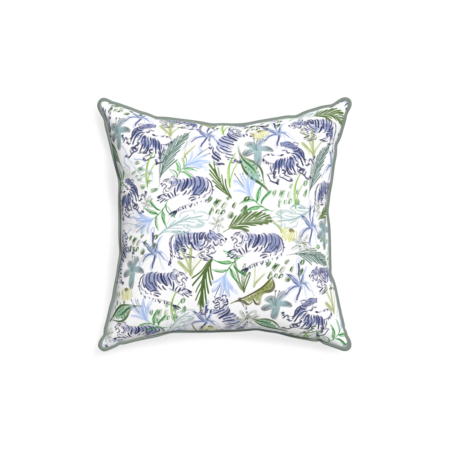 18-square frida green custom green tigerpillow with sage piping on white background