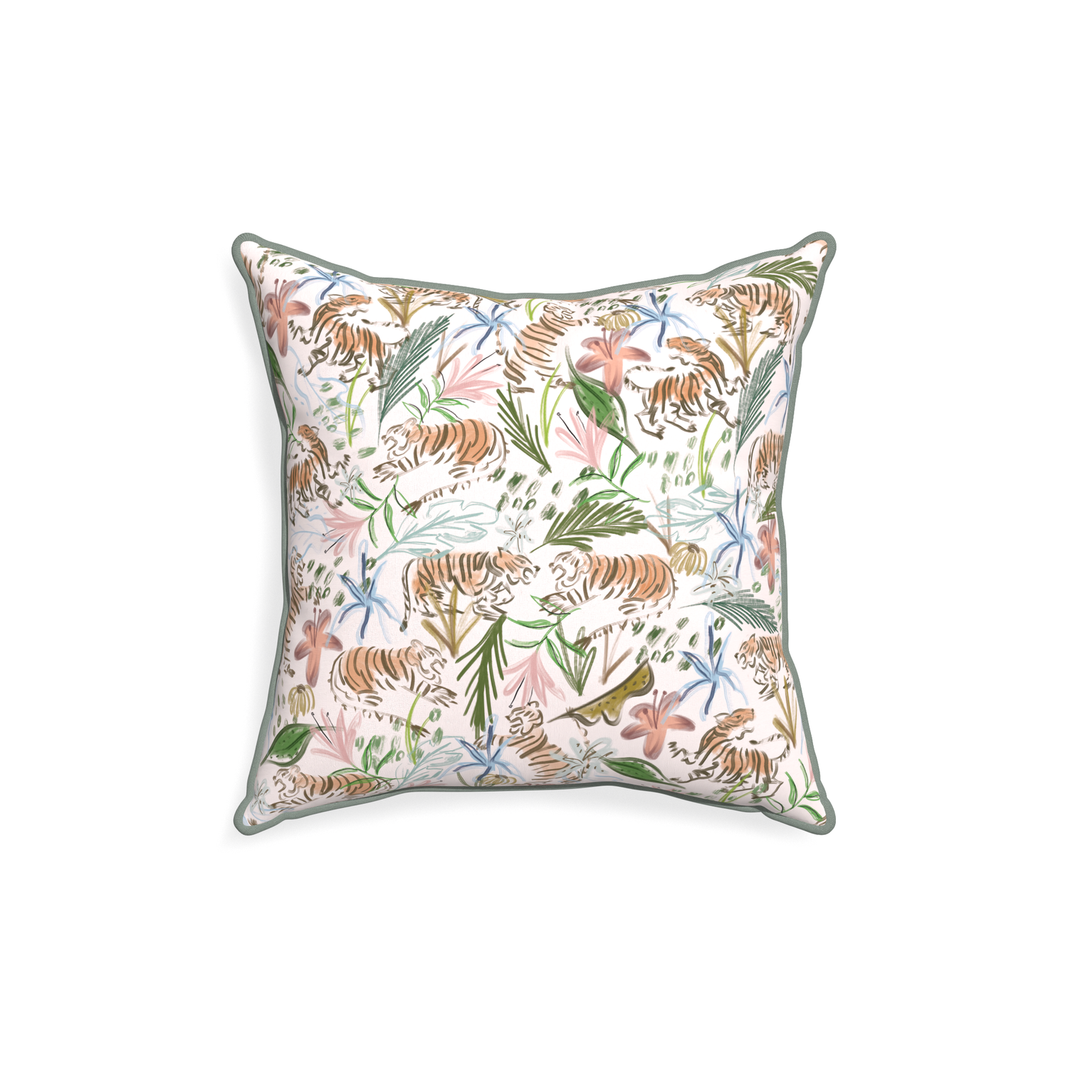 18-square frida pink custom pink chinoiserie tigerpillow with sage piping on white background