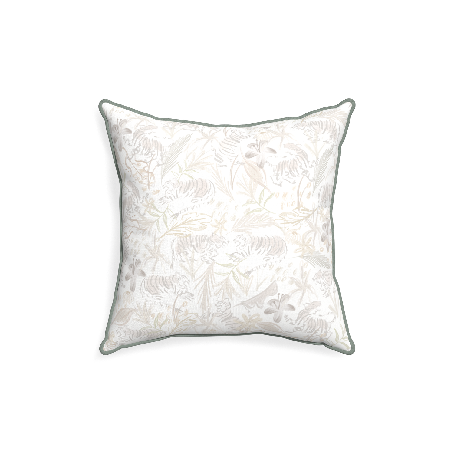 18-square frida sand custom beige chinoiserie tigerpillow with sage piping on white background