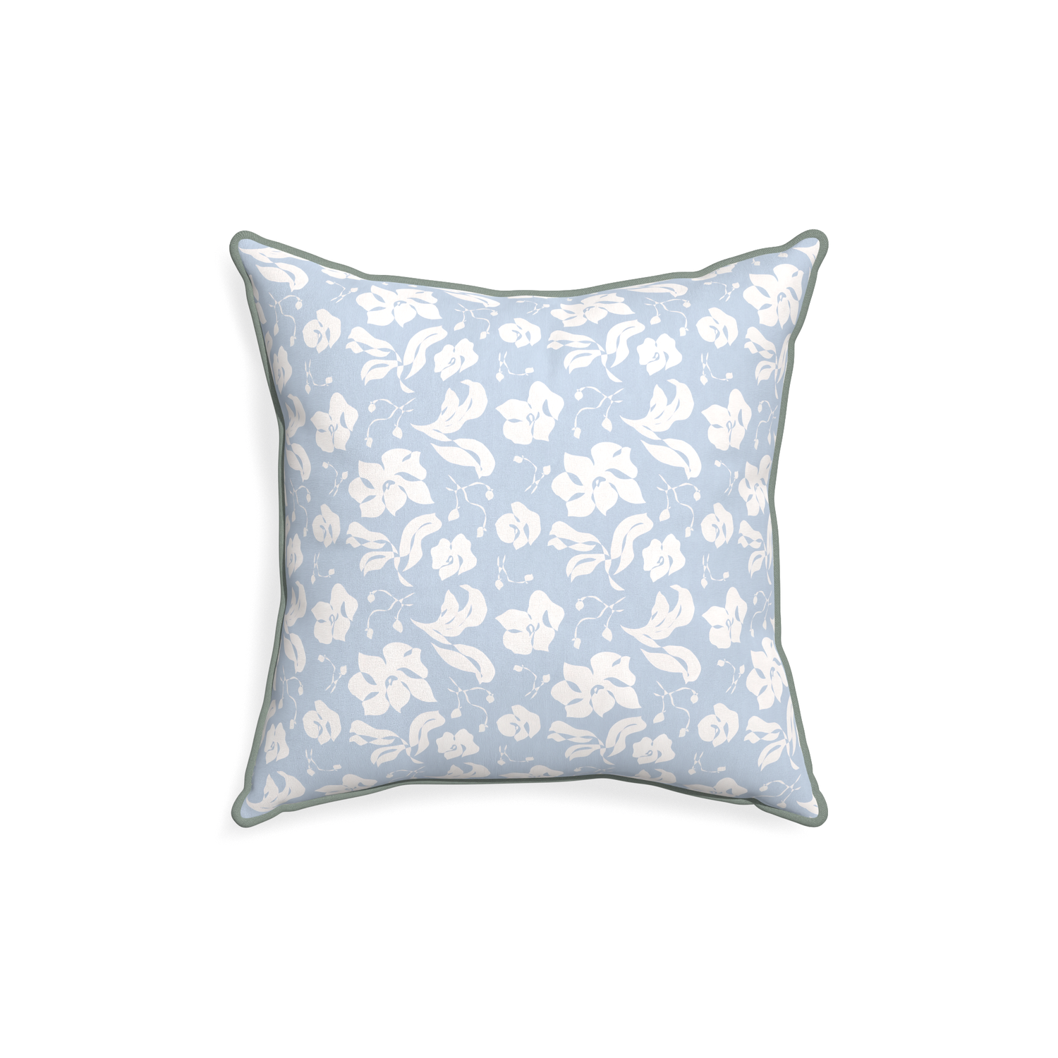 18-square georgia custom cornflower blue floralpillow with sage piping on white background