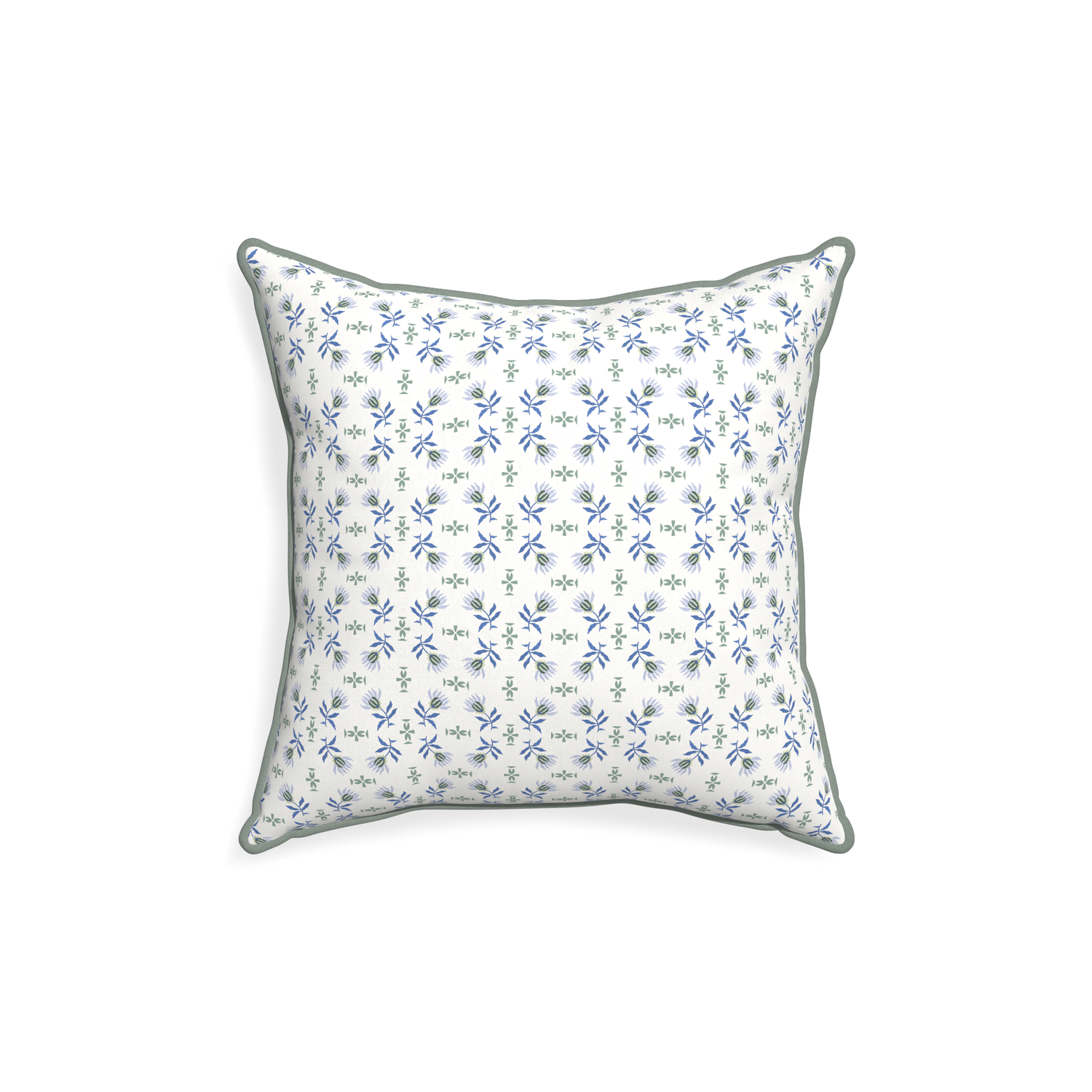 18-square lee custom blue & green floralpillow with sage piping on white background