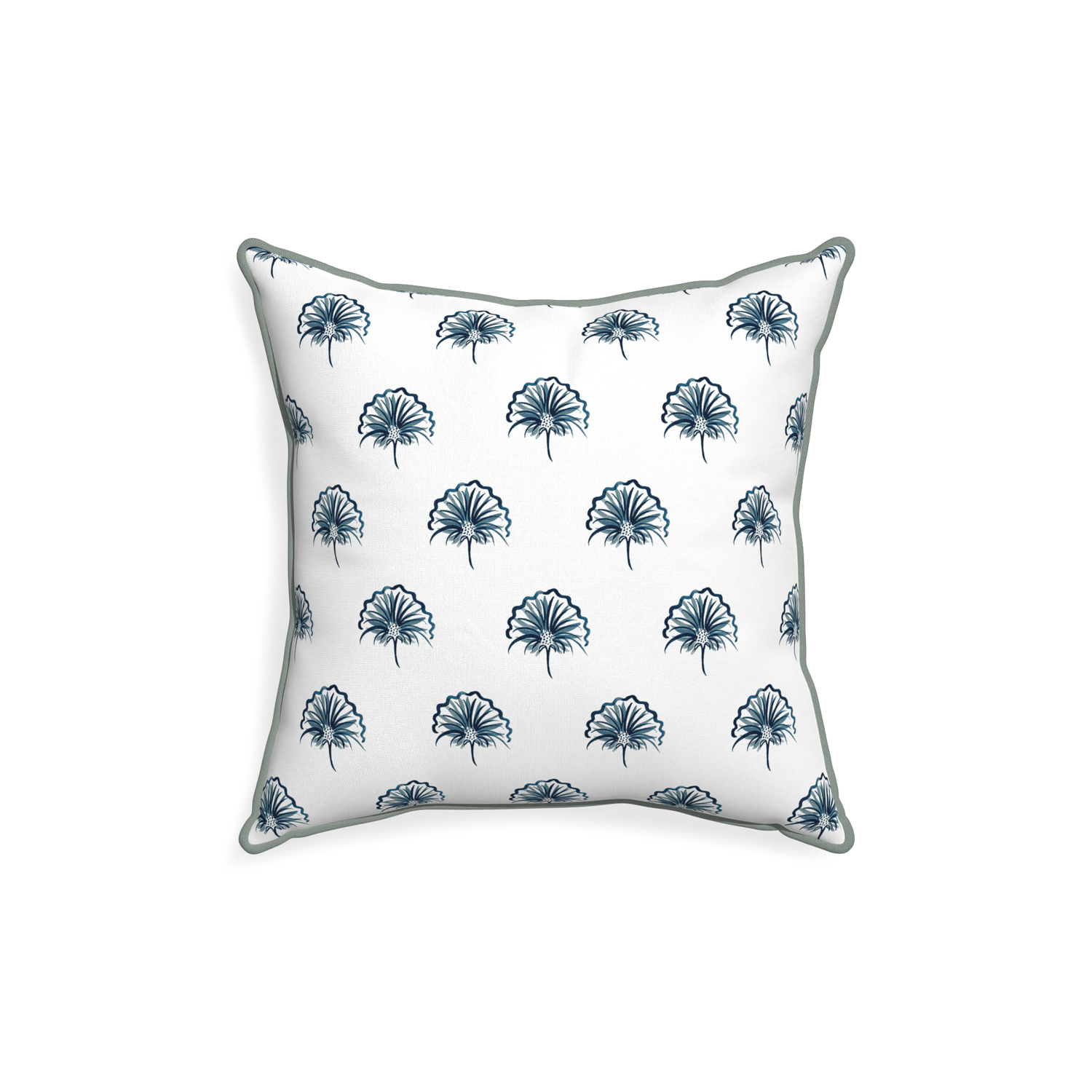 18-square penelope midnight custom floral navypillow with sage piping on white background