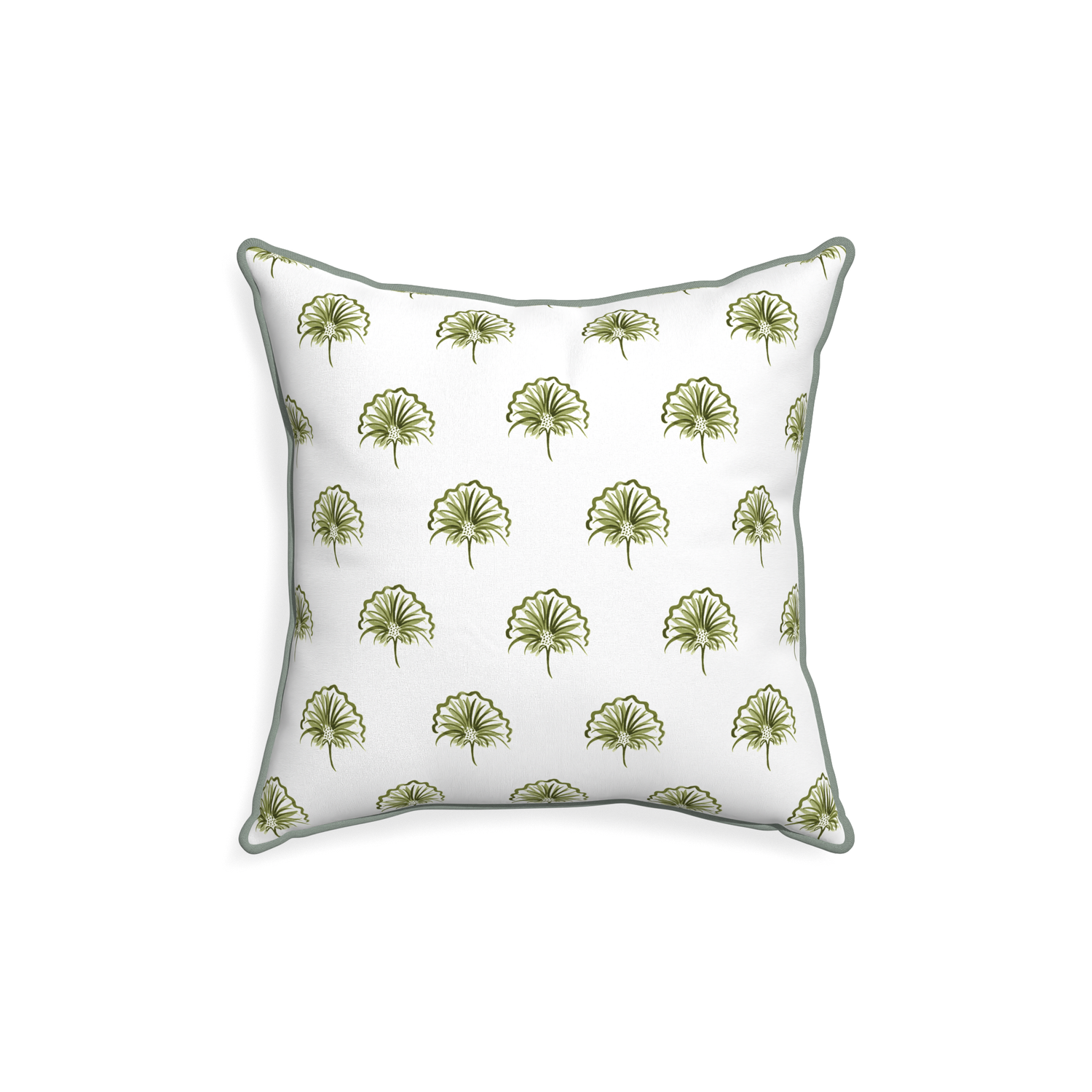 18-square penelope moss custom green floralpillow with sage piping on white background