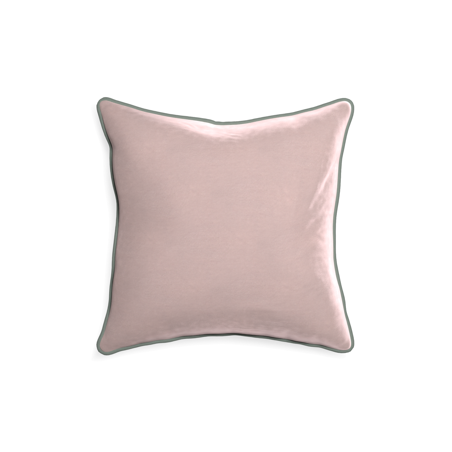 18-square rose velvet custom light pinkpillow with sage piping on white background