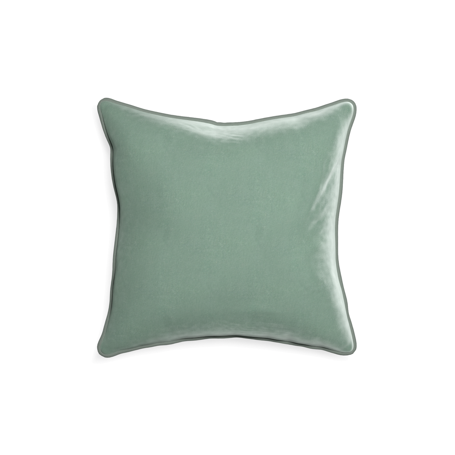 18-square sea salt velvet custom blue greenpillow with sage piping on white background