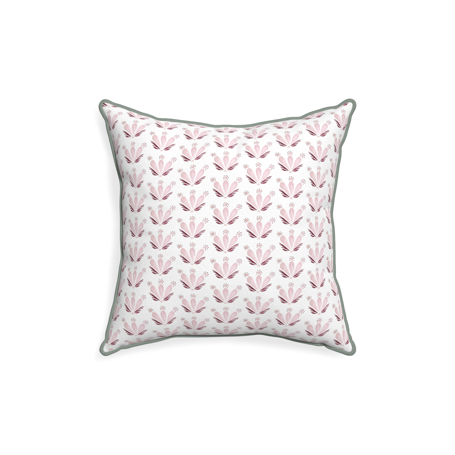 18-square serena pink custom pink & burgundy drop repeat floralpillow with sage piping on white background