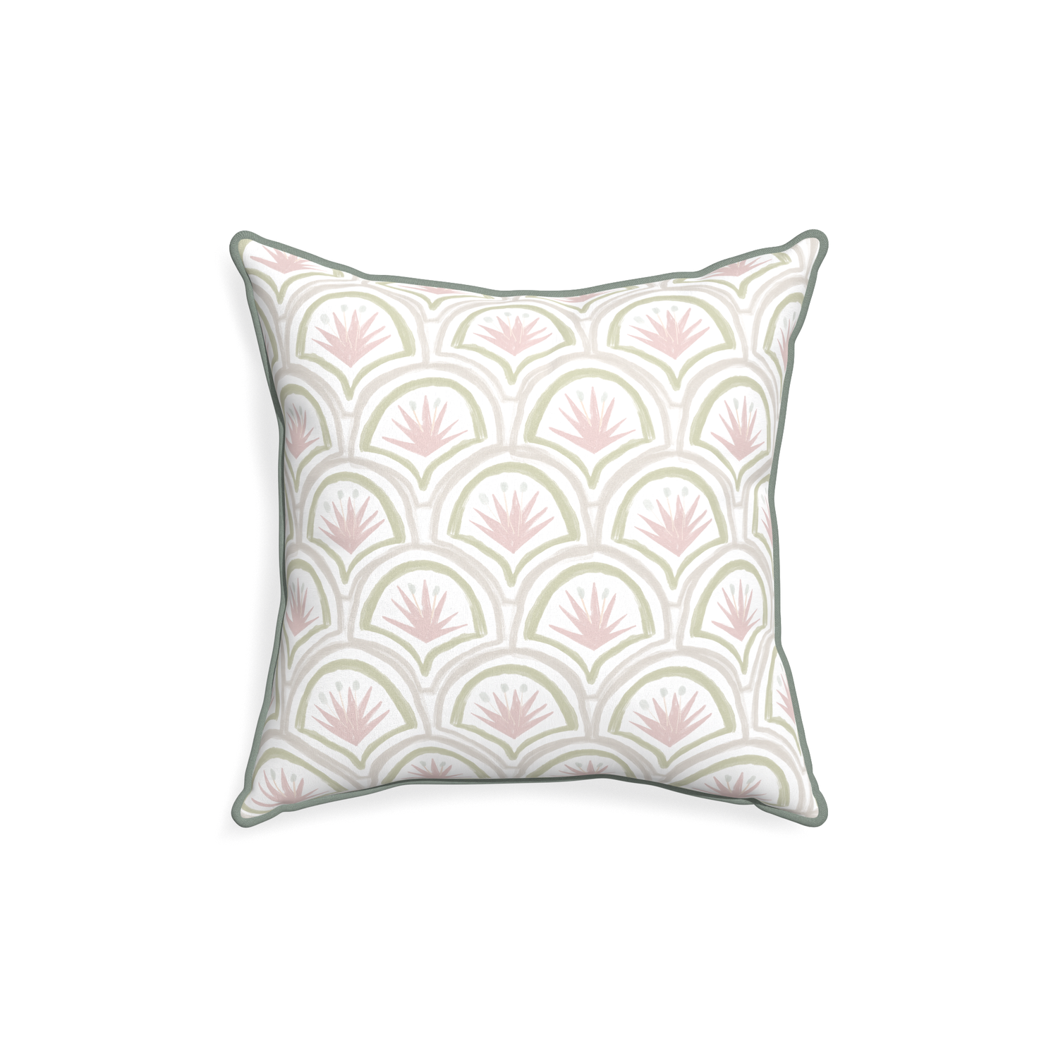 18-square thatcher rose custom pink & green palmpillow with sage piping on white background