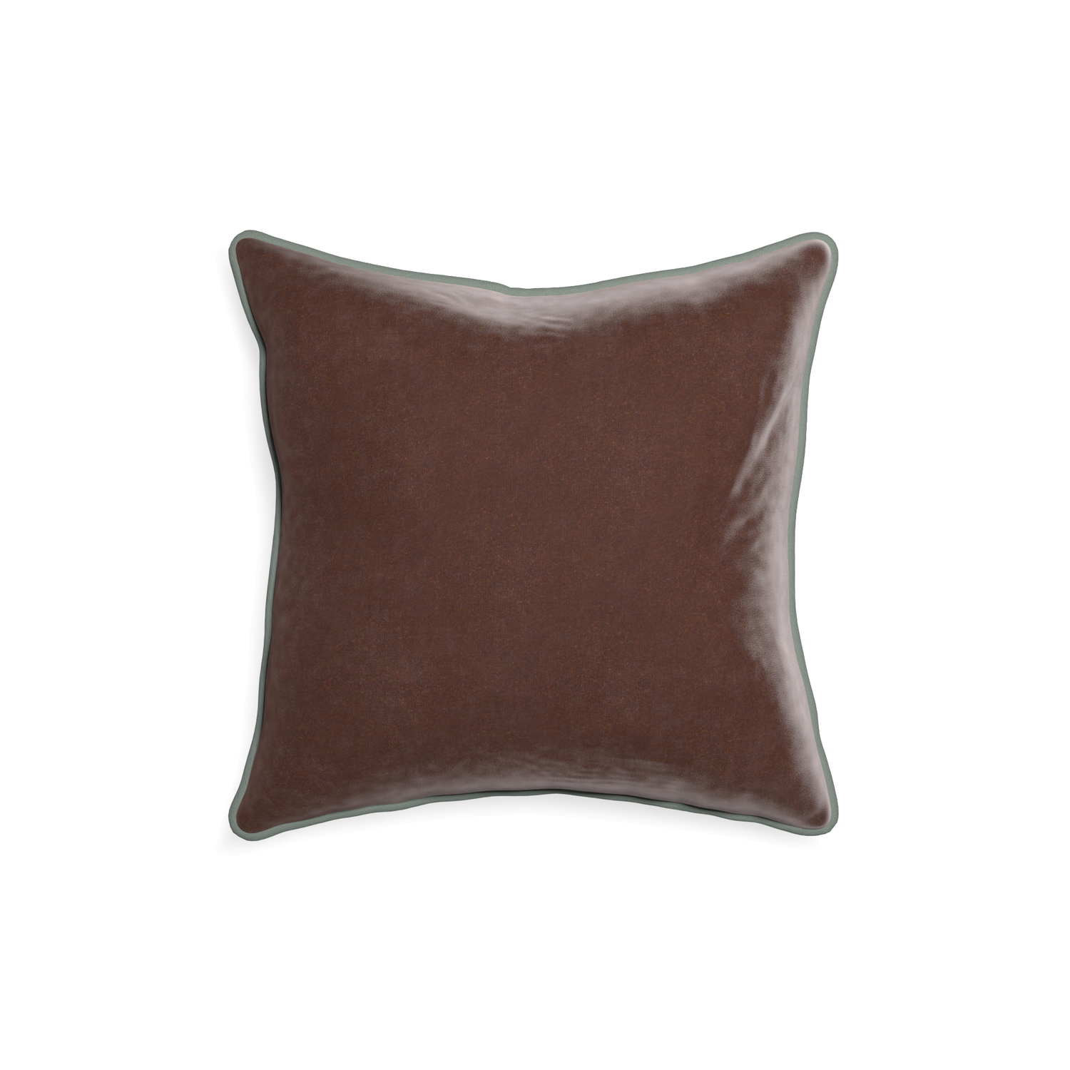 18-square walnut velvet custom brownpillow with sage piping on white background