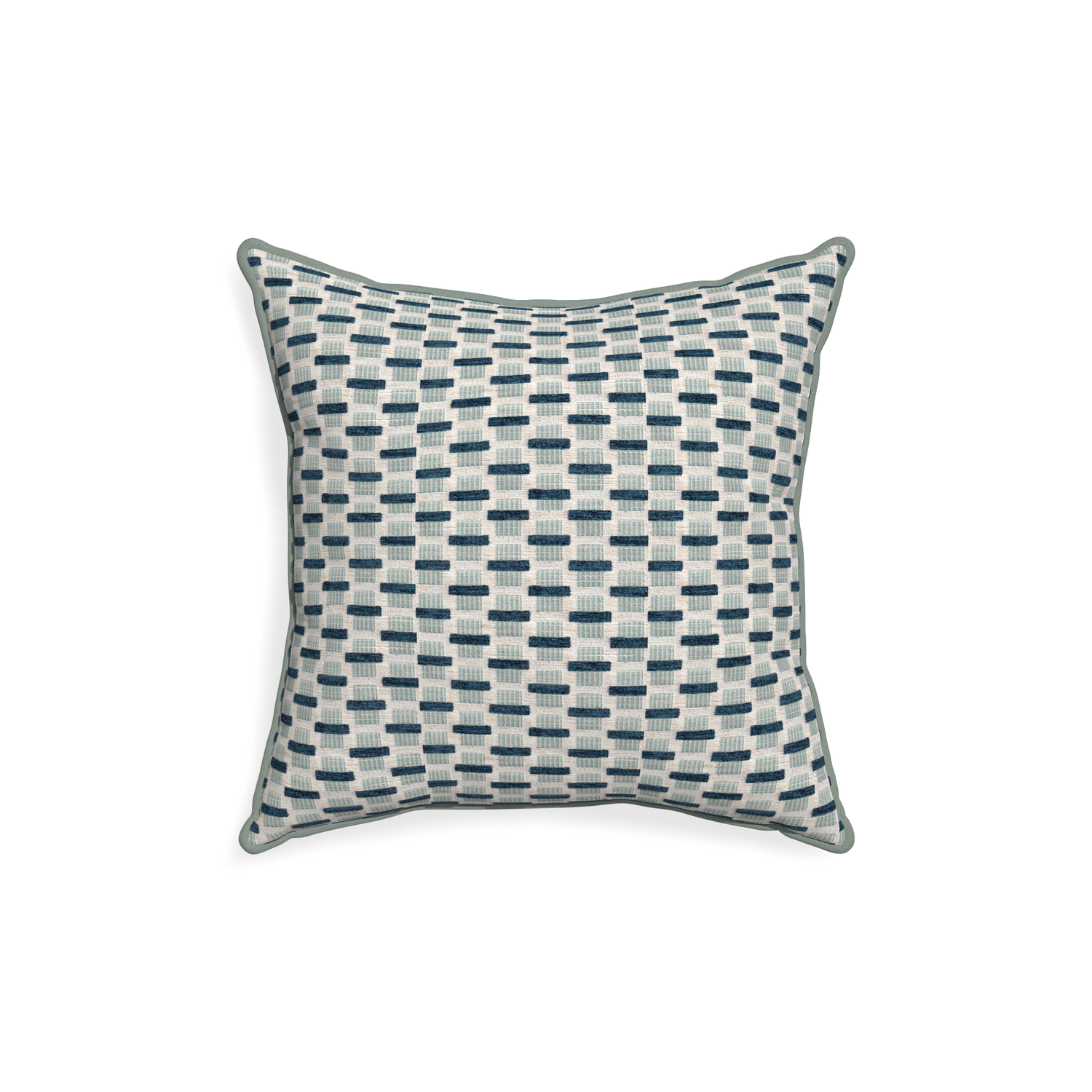 18-square willow amalfi custom blue geometric chenillepillow with sage piping on white background