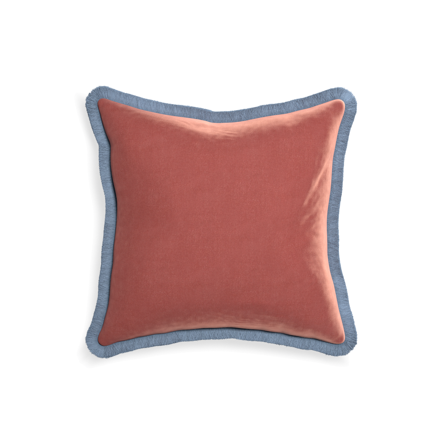 square coral velvet pillow with sky blue fringe
