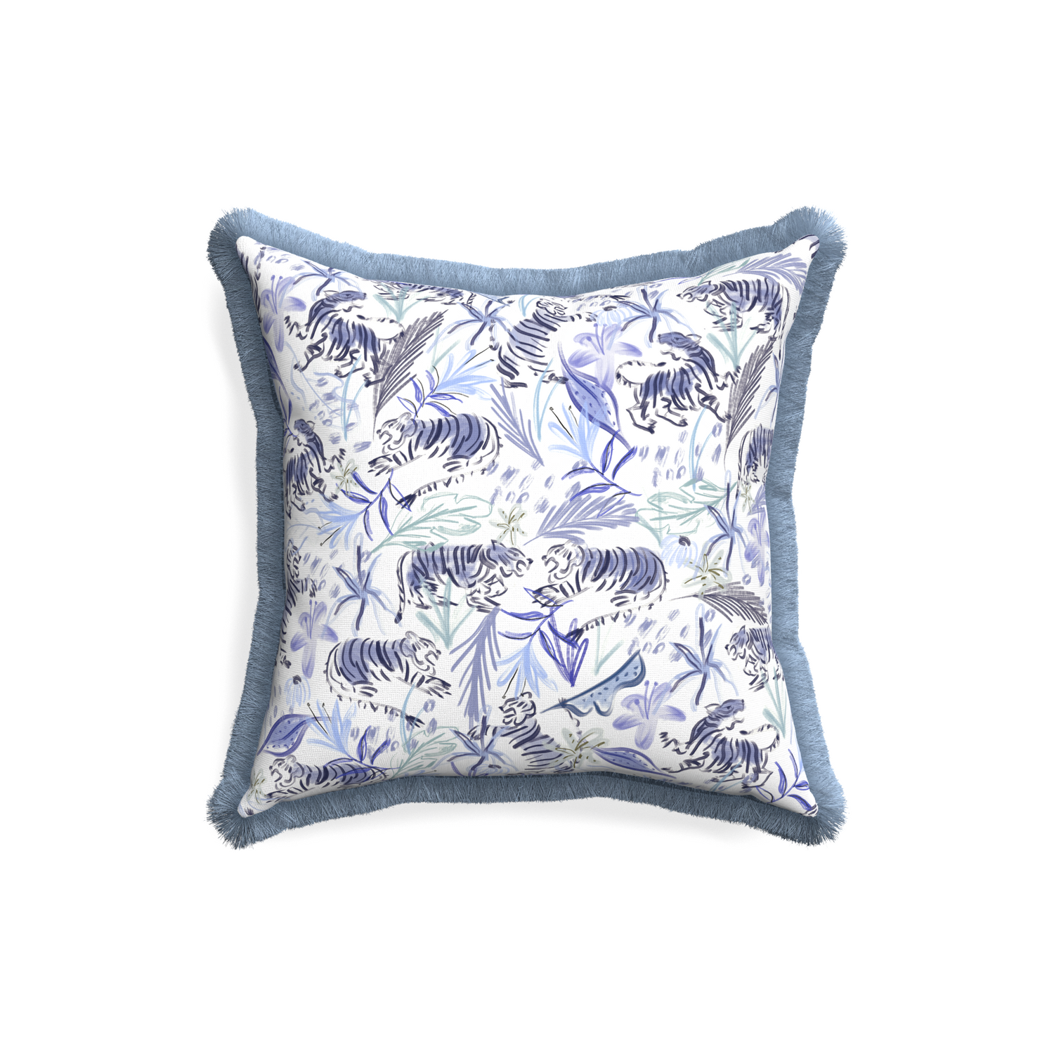 18-square frida blue custom blue with intricate tiger designpillow with sky fringe on white background