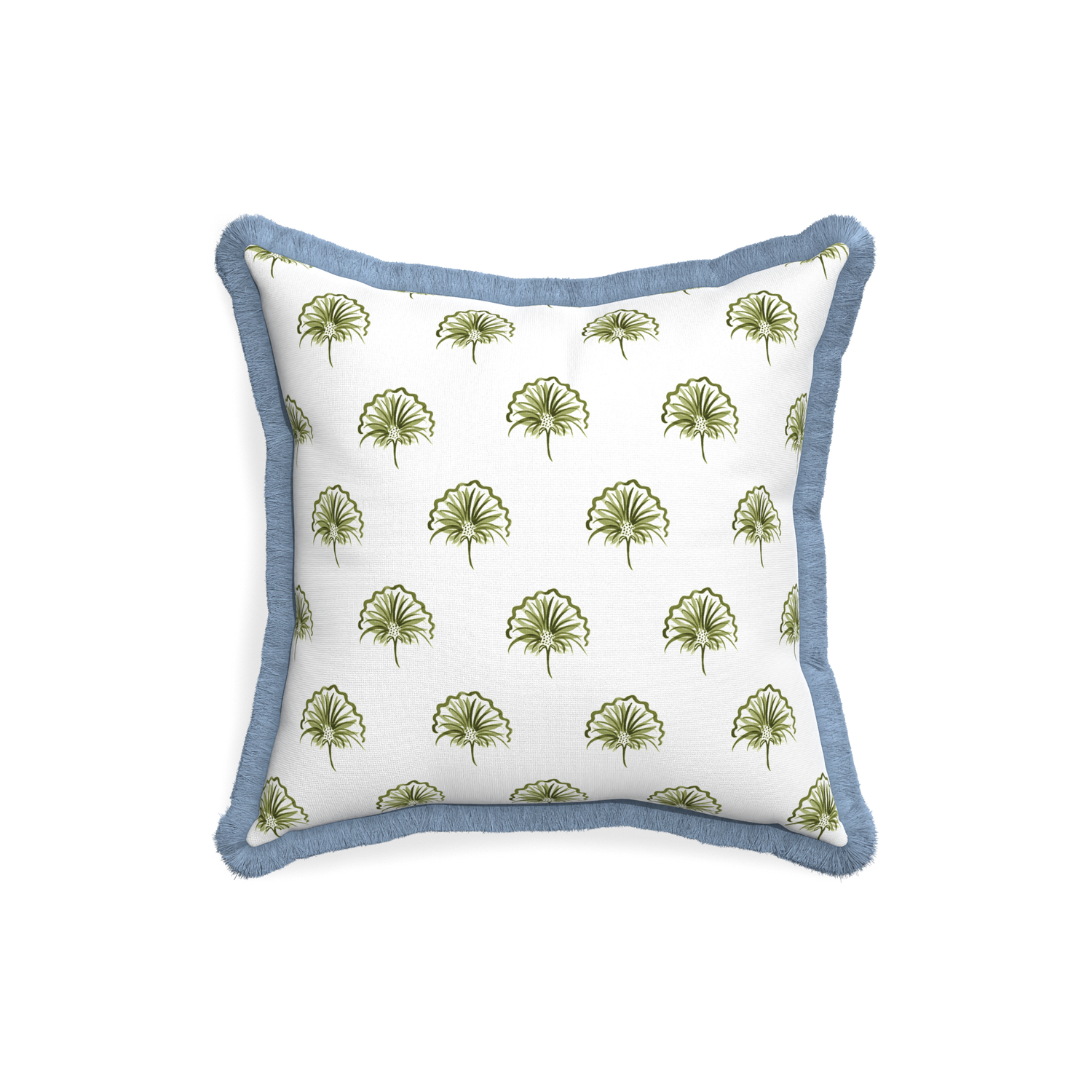 18-square penelope moss custom green floralpillow with sky fringe on white background