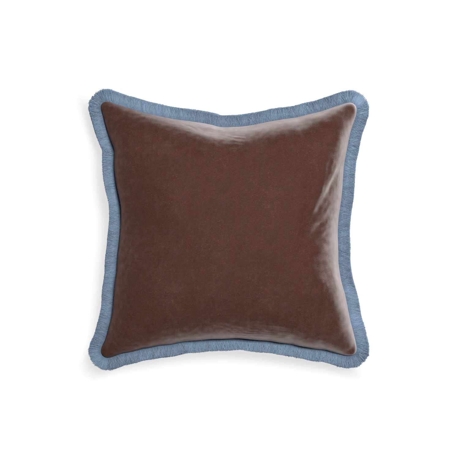 square brown velvet pillow with sky blue fringe