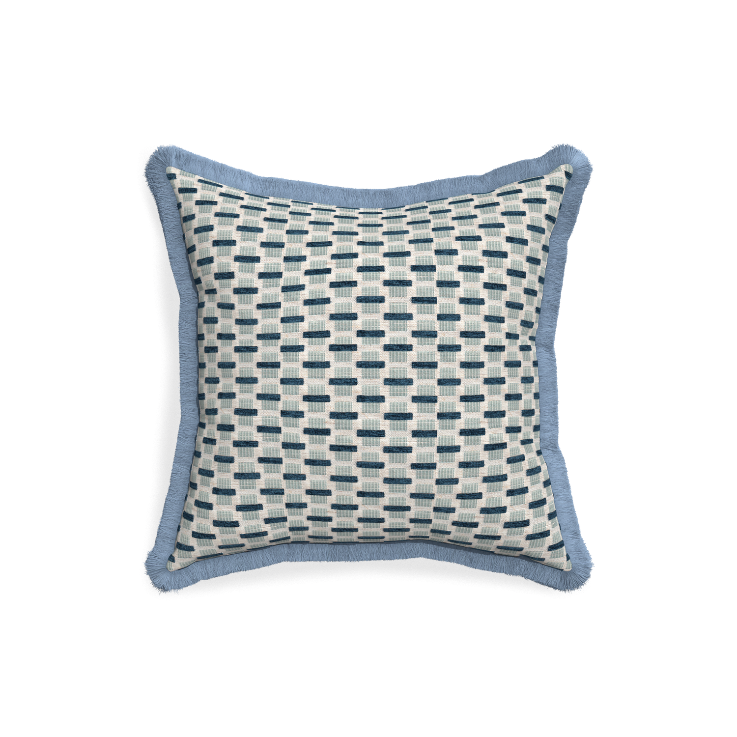18-square willow amalfi custom blue geometric chenillepillow with sky fringe on white background