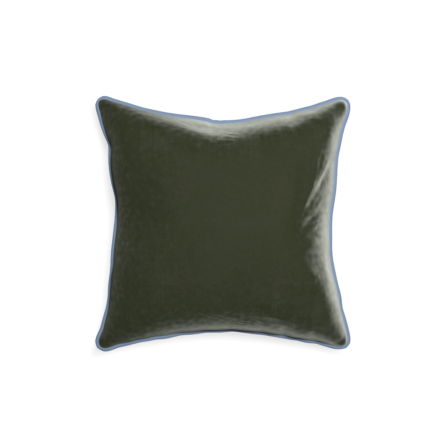 square fern green velvet pillow with sky blue piping