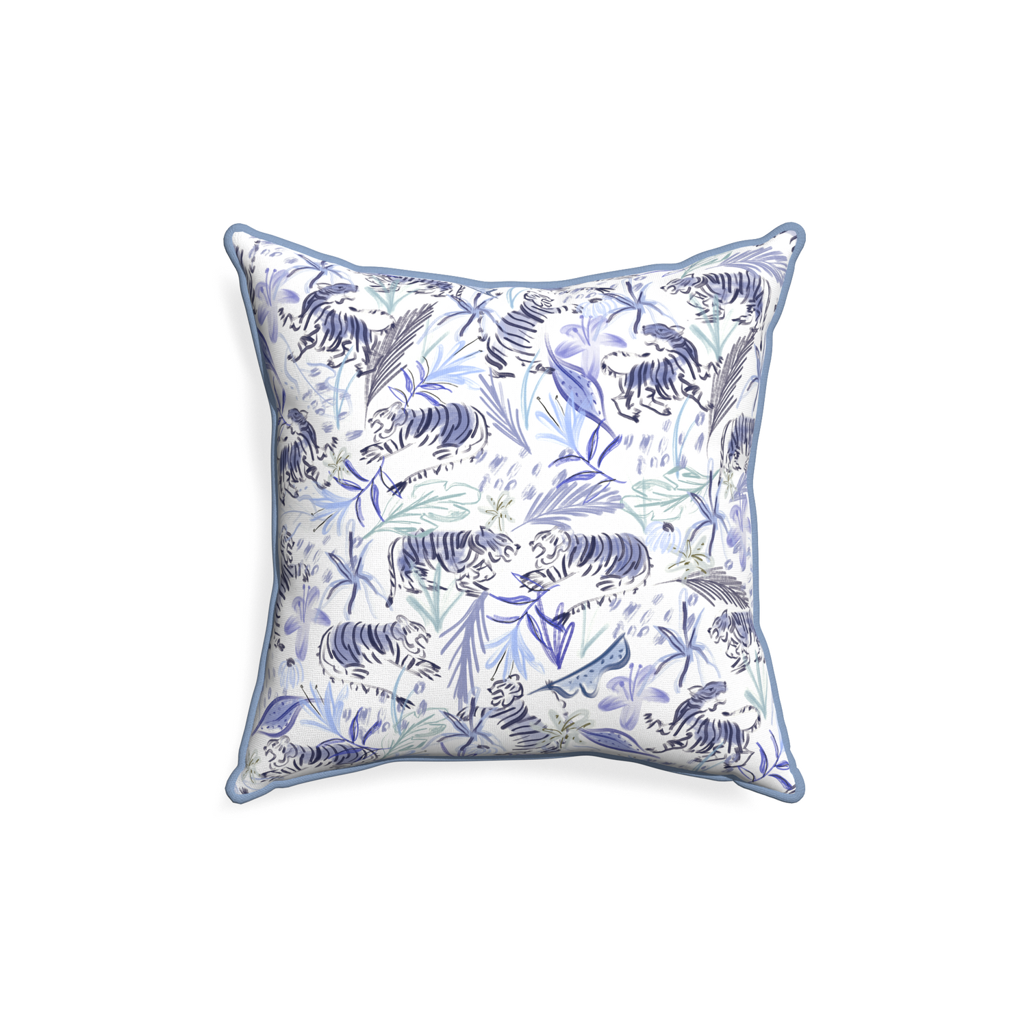18-square frida blue custom blue with intricate tiger designpillow with sky piping on white background