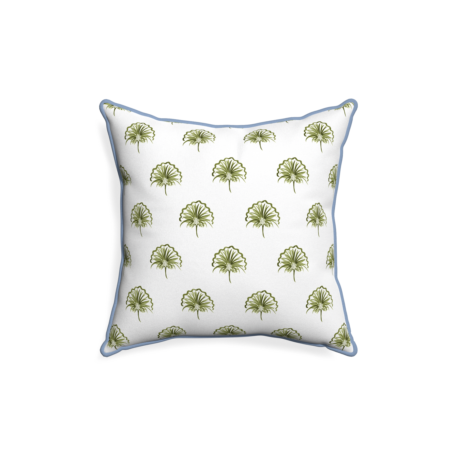 18-square penelope moss custom green floralpillow with sky piping on white background
