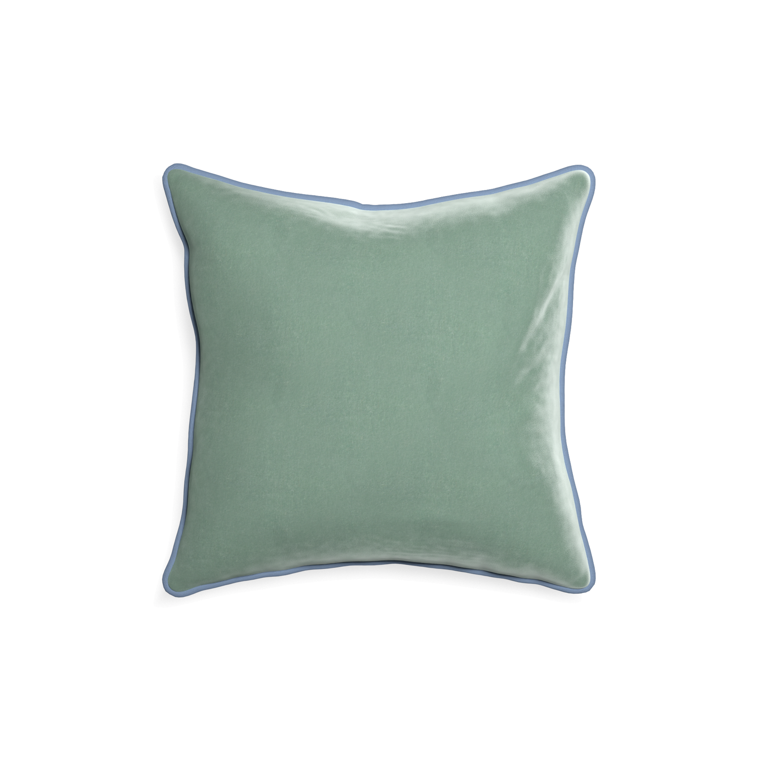 square blue green velvet pillow with sky blue piping