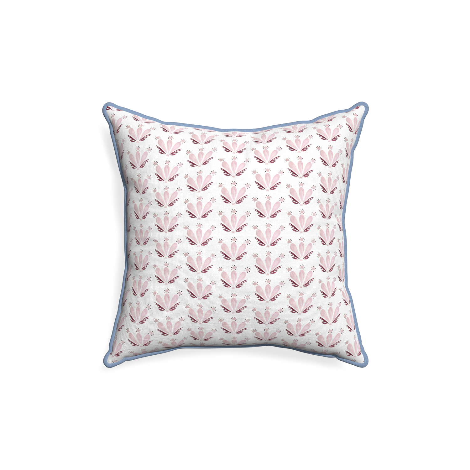 18-square serena pink custom pink & burgundy drop repeat floralpillow with sky piping on white background