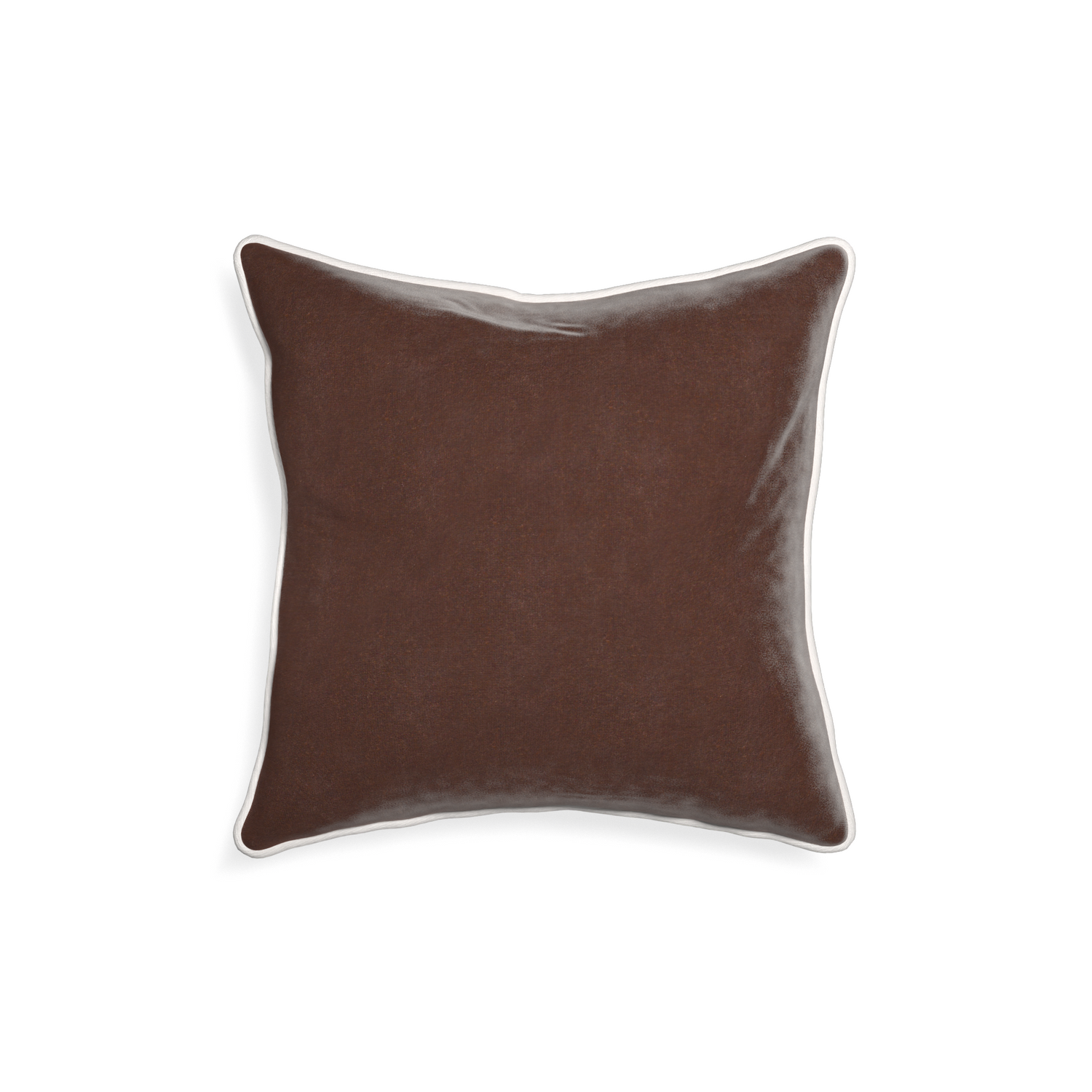 square brown velvet pillow with white piping 