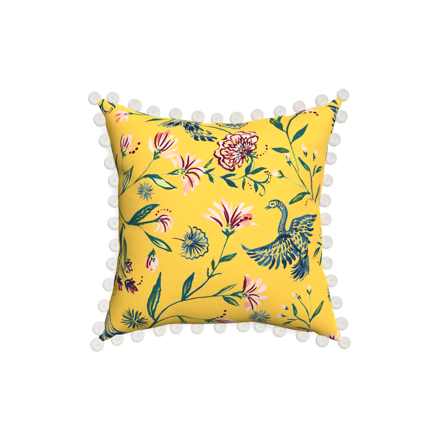 18-square daphne canary custom yellow chinoiseriepillow with snow pom pom on white background