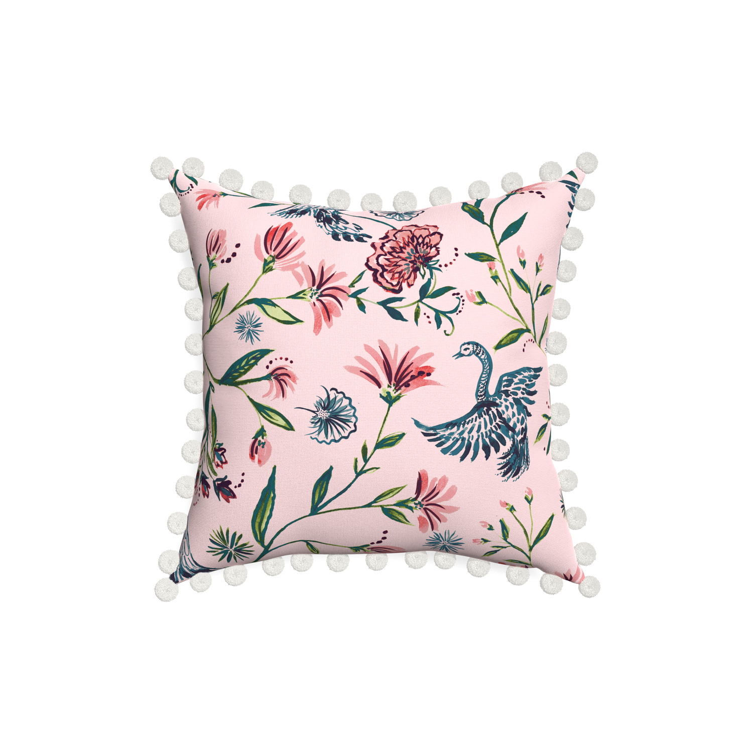 18-square daphne rose custom pillow with snow pom pom on white background