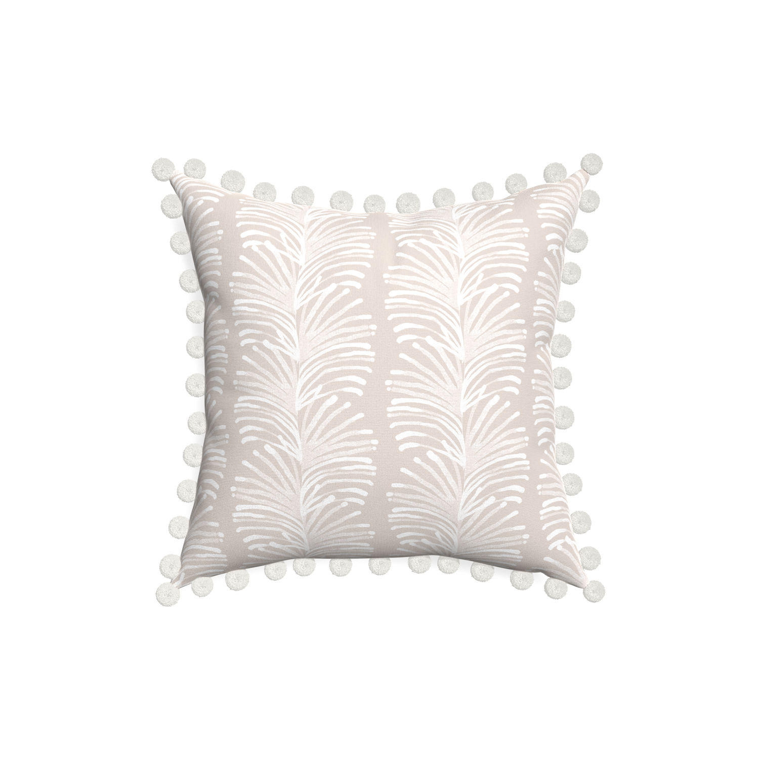18-square emma sand custom sand colored botanical stripepillow with snow pom pom on white background