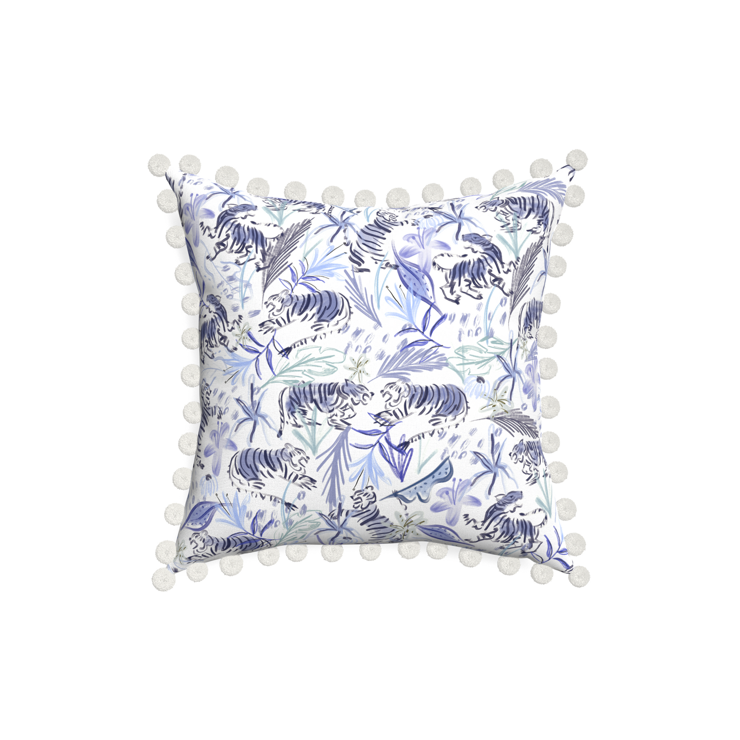 18-square frida blue custom blue with intricate tiger designpillow with snow pom pom on white background