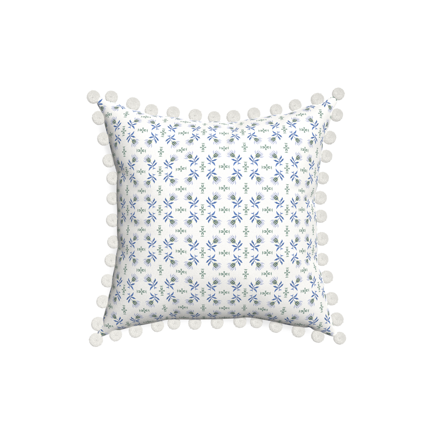 18-square lee custom blue & green floralpillow with snow pom pom on white background