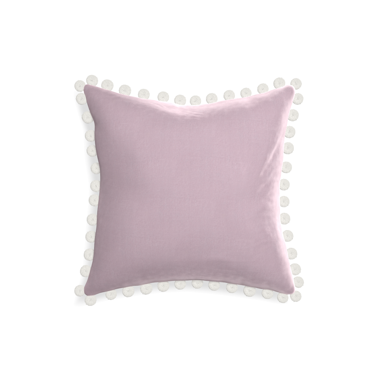 square lilac velvet pillow with white pom poms