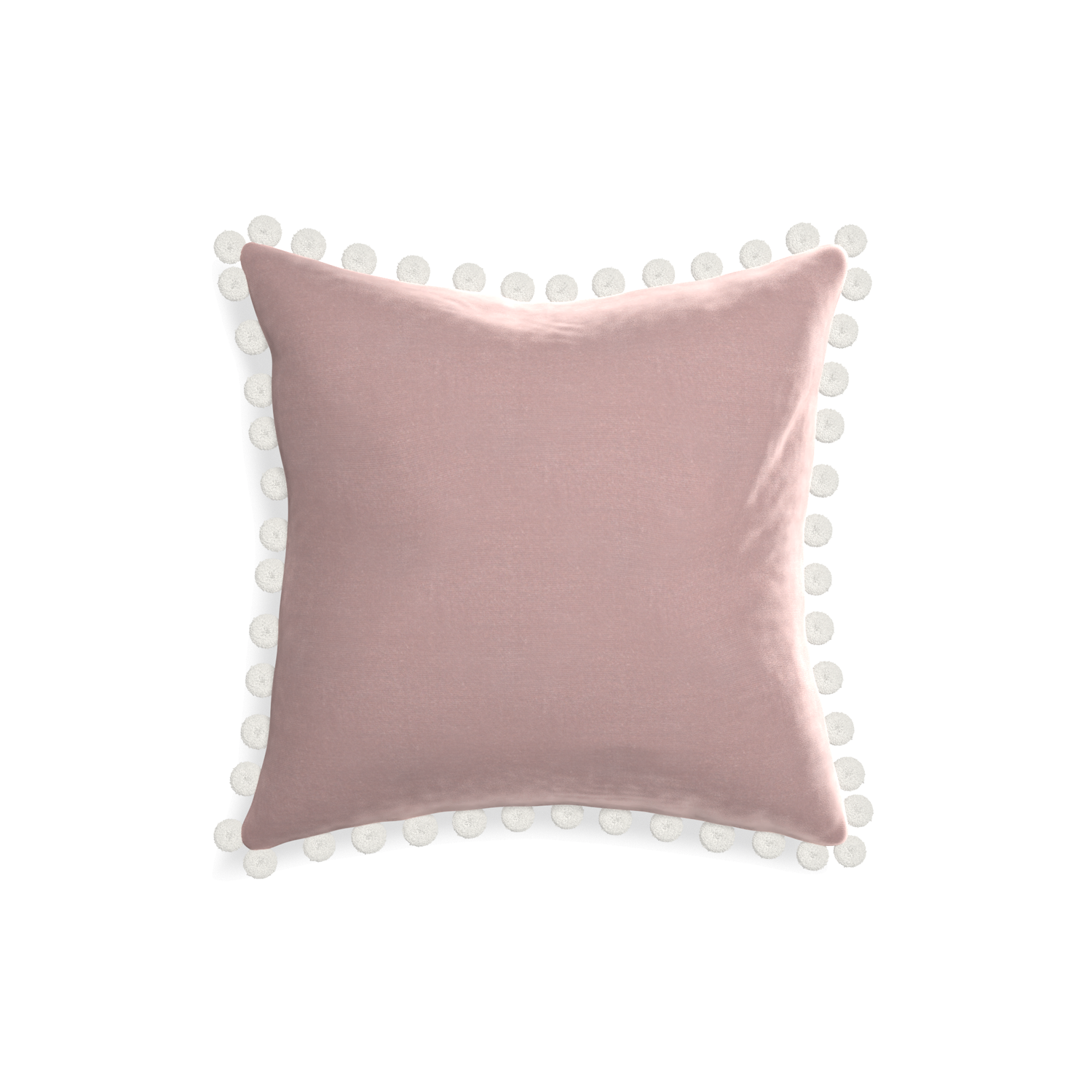 square mauve velvet pillow with white pom poms