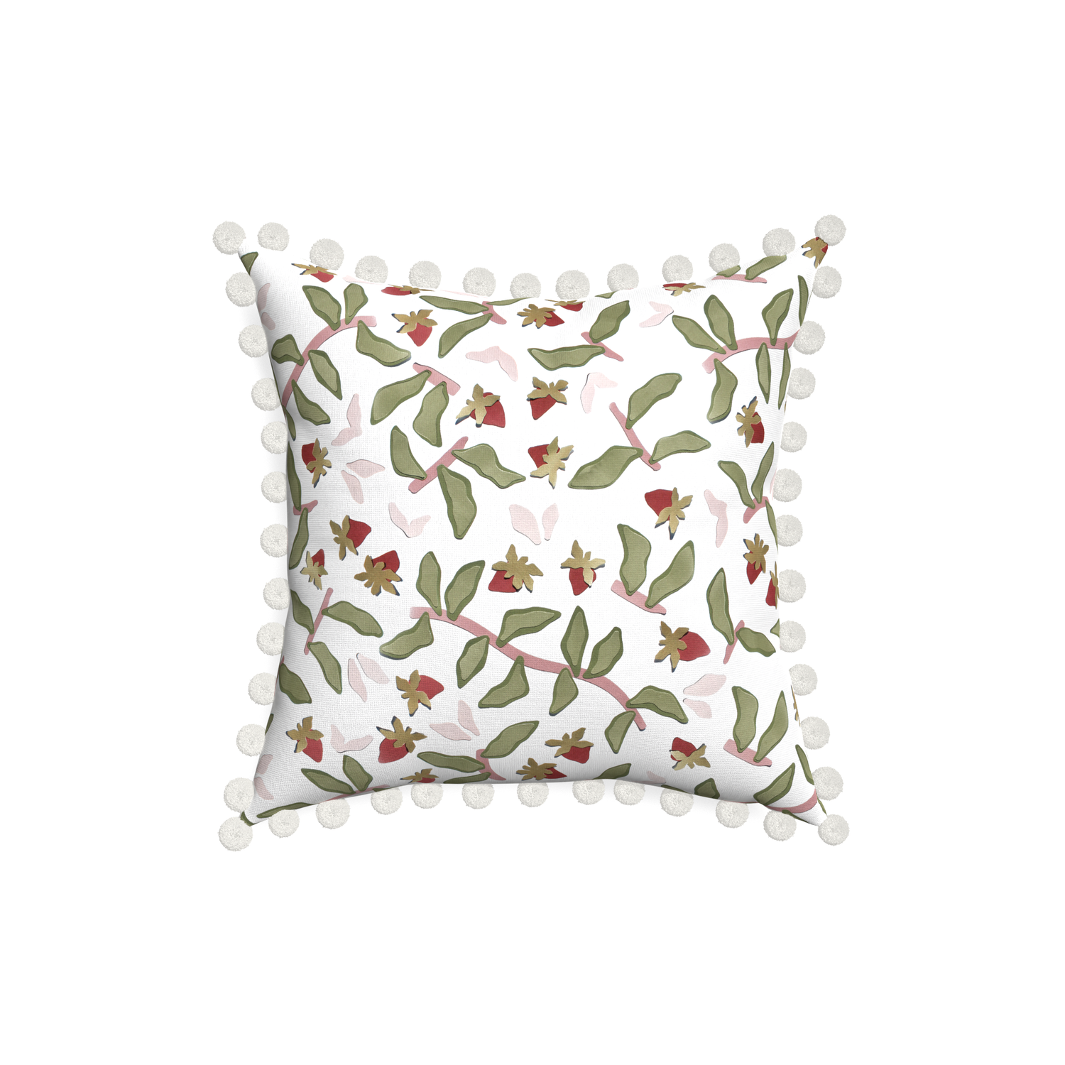 18-square nellie custom strawberry & botanicalpillow with snow pom pom on white background