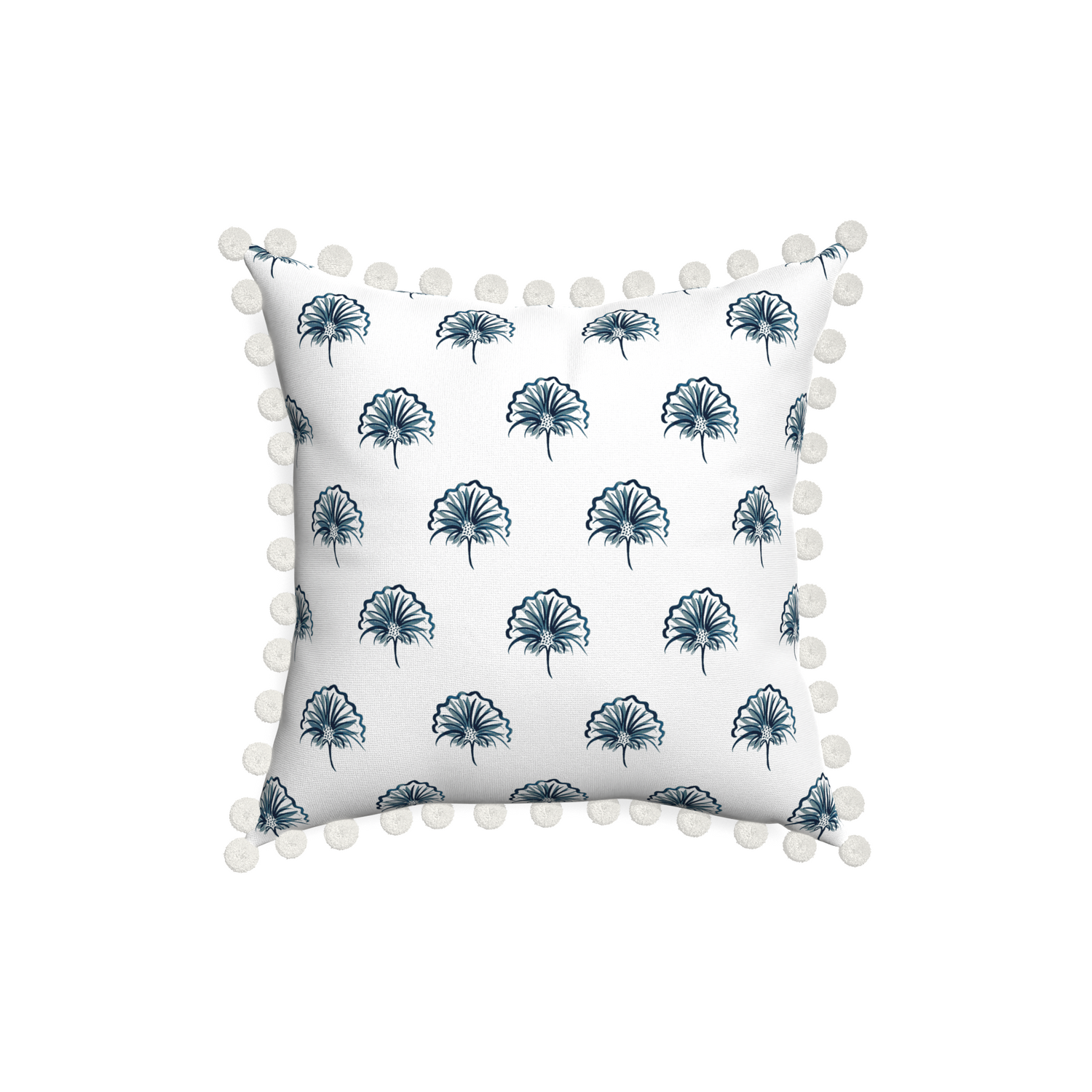 18-square penelope midnight custom floral navypillow with snow pom pom on white background