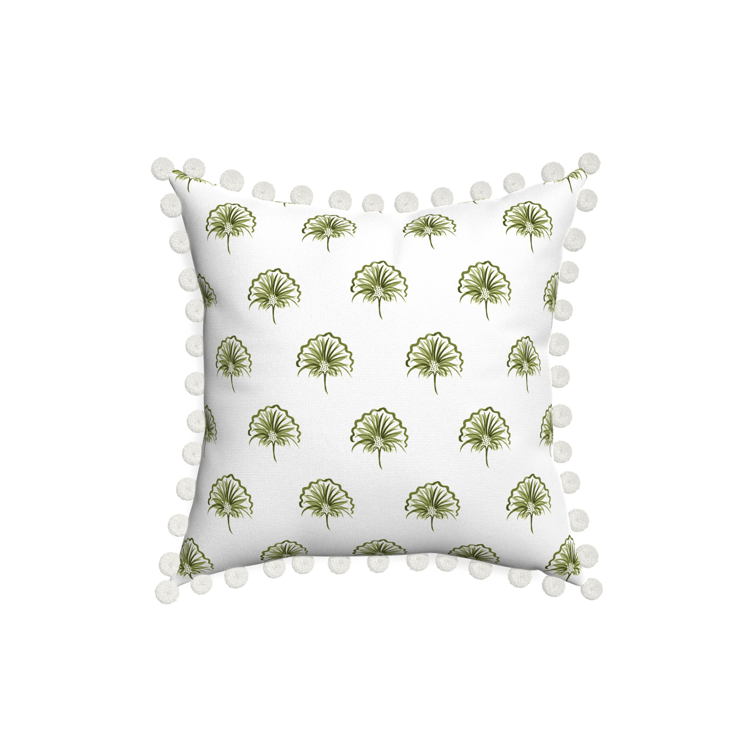 18-square penelope moss custom green floralpillow with snow pom pom on white background