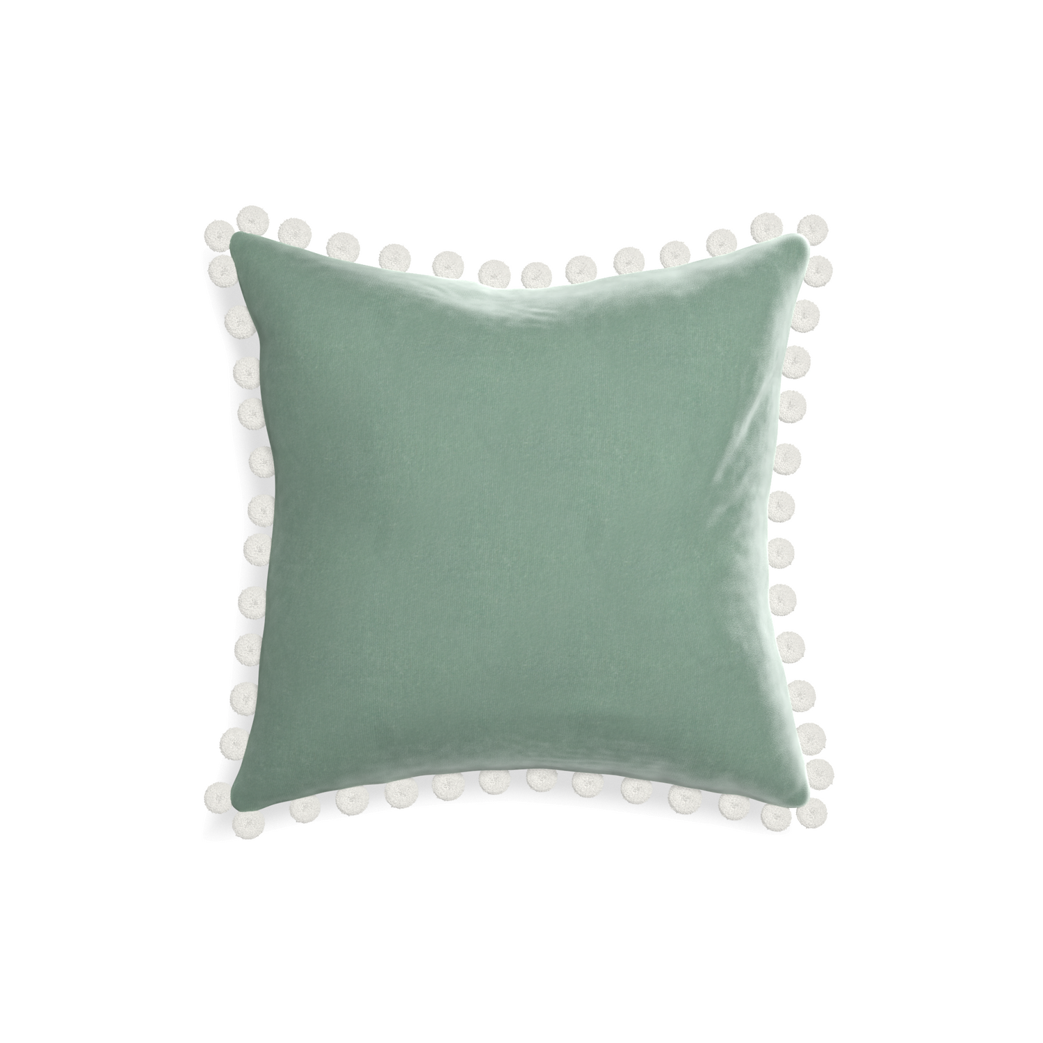 square blue green velvet pillow with white pom poms