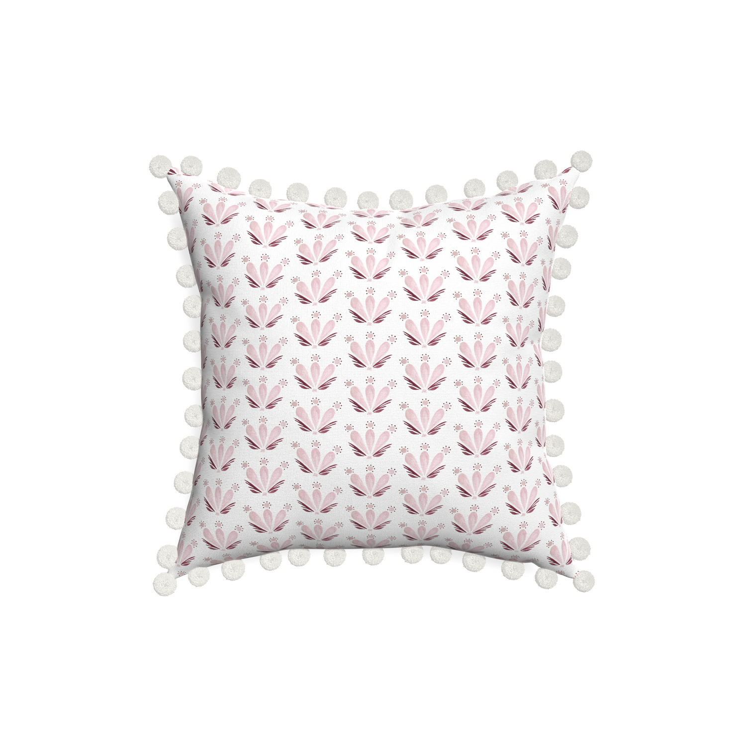 18-square serena pink custom pink & burgundy drop repeat floralpillow with snow pom pom on white background