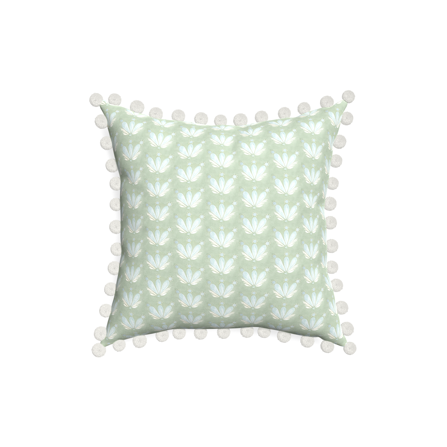 18-square serena sea salt custom blue & green floral drop repeatpillow with snow pom pom on white background