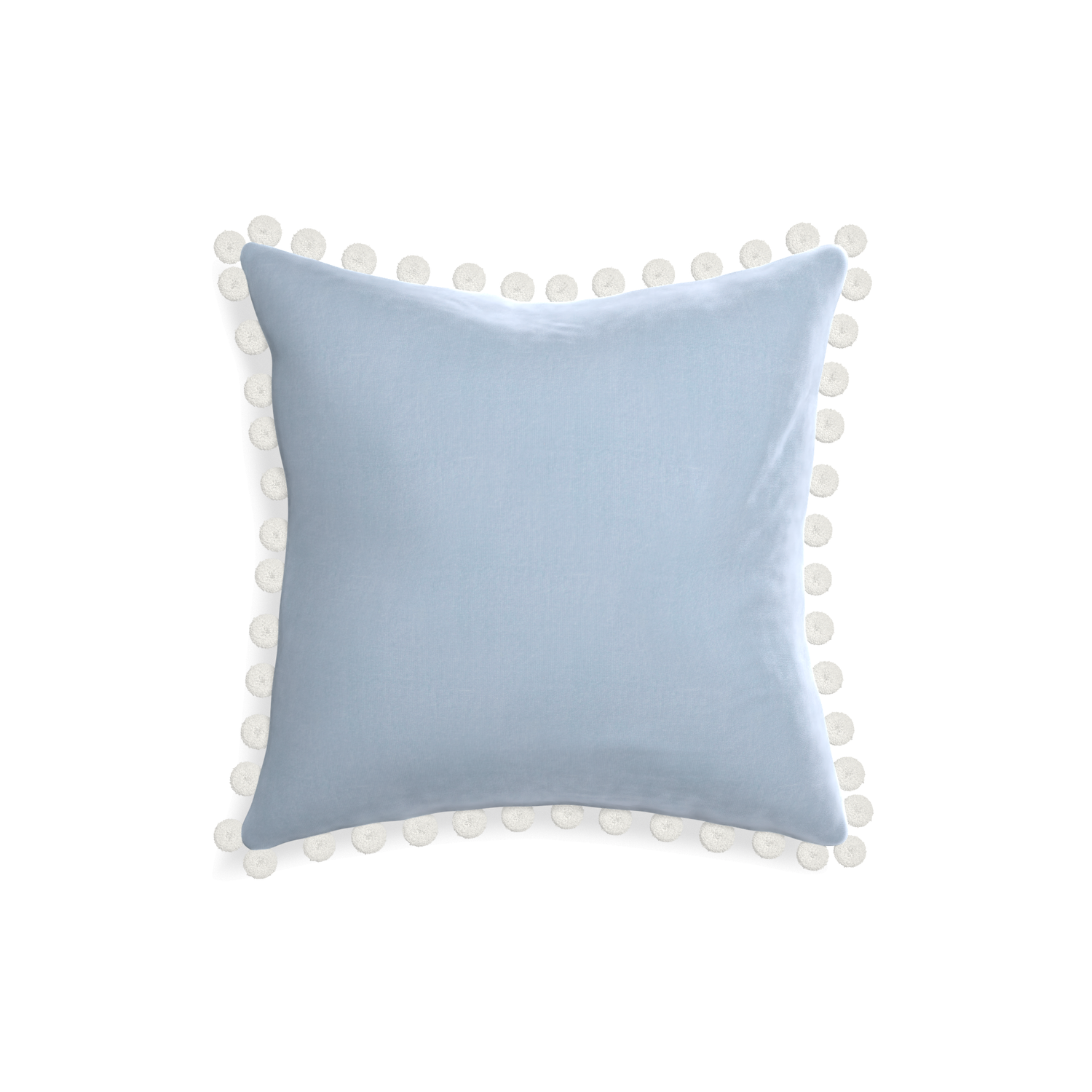 square light blue velvet pillow with white pom pom 