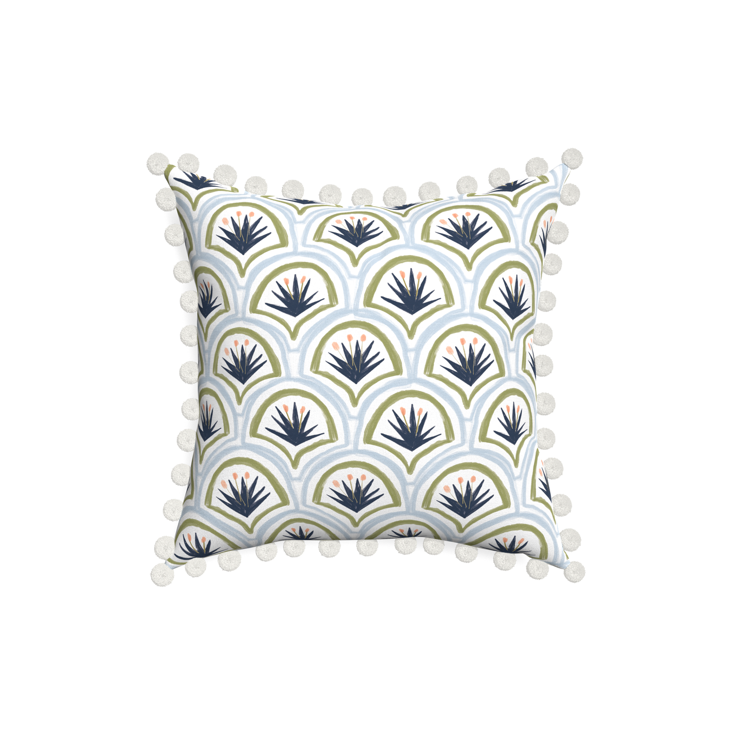 18-square thatcher midnight custom art deco palm patternpillow with snow pom pom on white background
